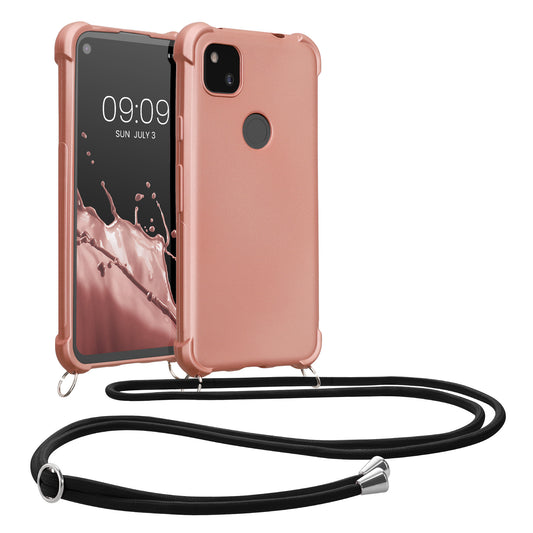 kwmobile Necklace Case kompatibel mit Google Pixel 4a Hülle - Cover mit Kordel zum Umhängen - Silikon Schutzhülle Metallic Rosegold Metallic Rosegold  