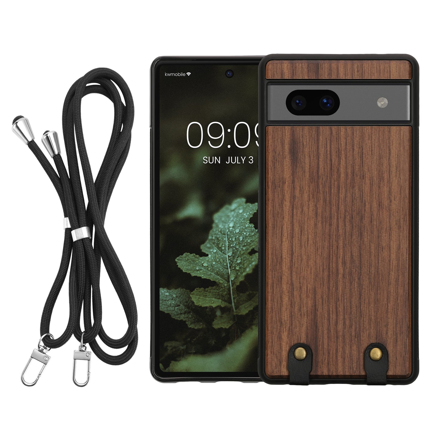 kwmobile Necklace Case kompatibel mit Google Pixel 7a Hülle - Holz TPU Cover mit Handykette - Band Handyhülle Dunkelbraun Dunkelbraun  