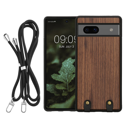 kwmobile Necklace Case kompatibel mit Google Pixel 7a Hülle - Holz TPU Cover mit Handykette - Band Handyhülle Dunkelbraun Dunkelbraun  