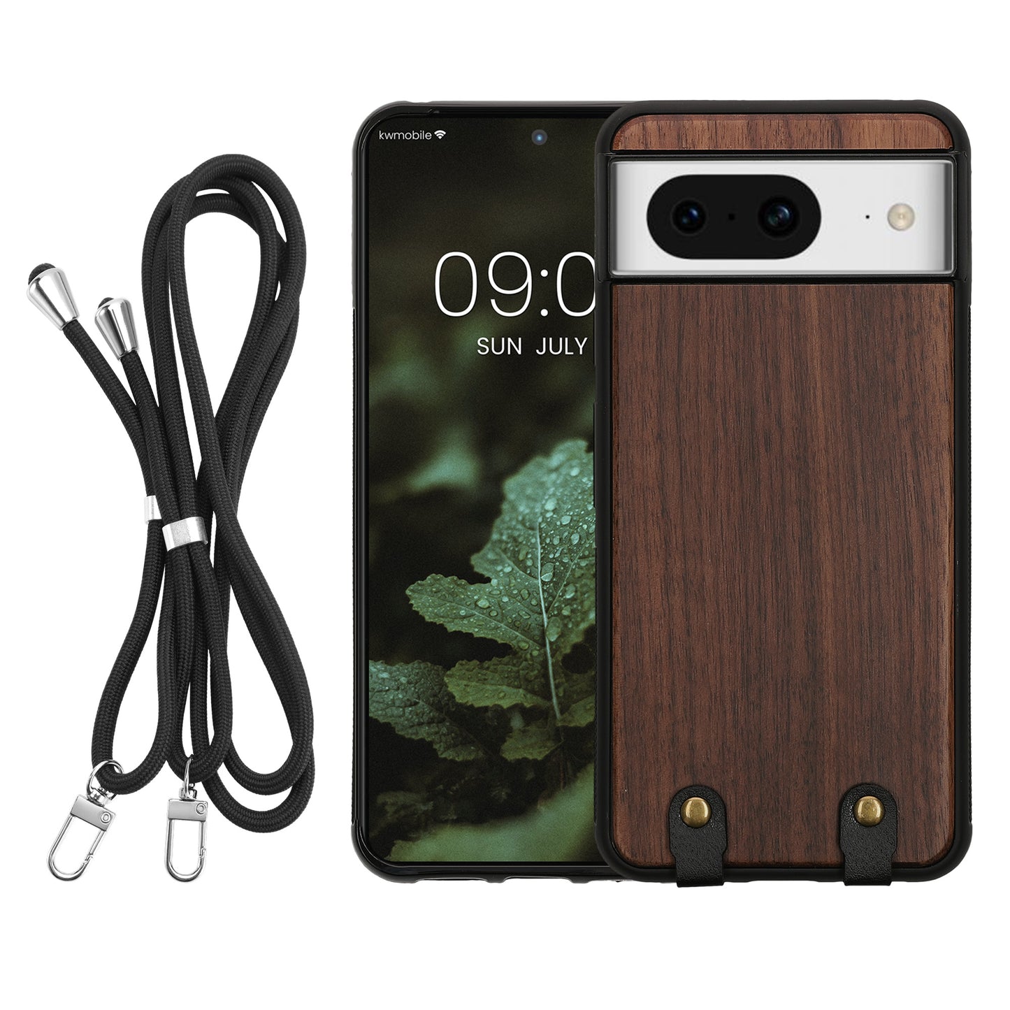 kwmobile Necklace Case kompatibel mit Google Pixel 8 Hülle - Holz TPU Cover mit Handykette - Band Handyhülle Dunkelbraun Dunkelbraun  