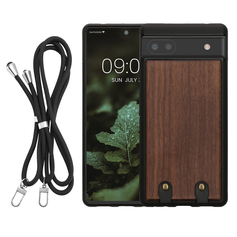 kwmobile Necklace Case kompatibel mit Google Pixel 6a Hülle - Holz TPU Cover mit Handykette - Band Handyhülle Dunkelbraun Dunkelbraun  