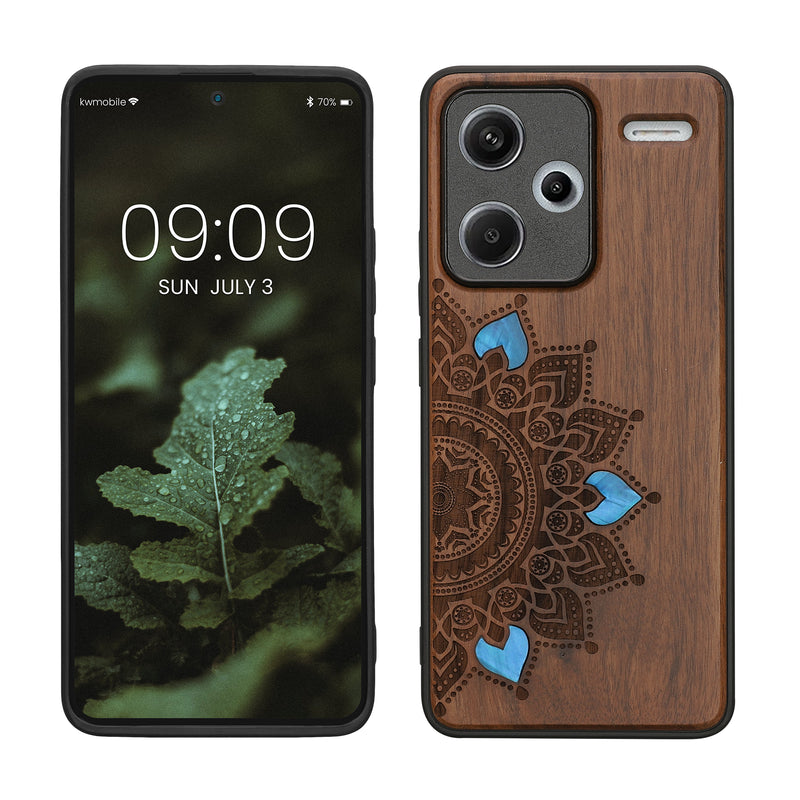 kwmobile Hülle kompatibel mit Xiaomi Redmi Note 13 Pro+ 5G / Redmi Note 13 Pro Plus 5G Hülle - Holz Case - Handy Cover - TPU Handyhülle in Dunkelbraun Aufgehende Sonne Perlmutt Dunkelbraun  [dsg05]
