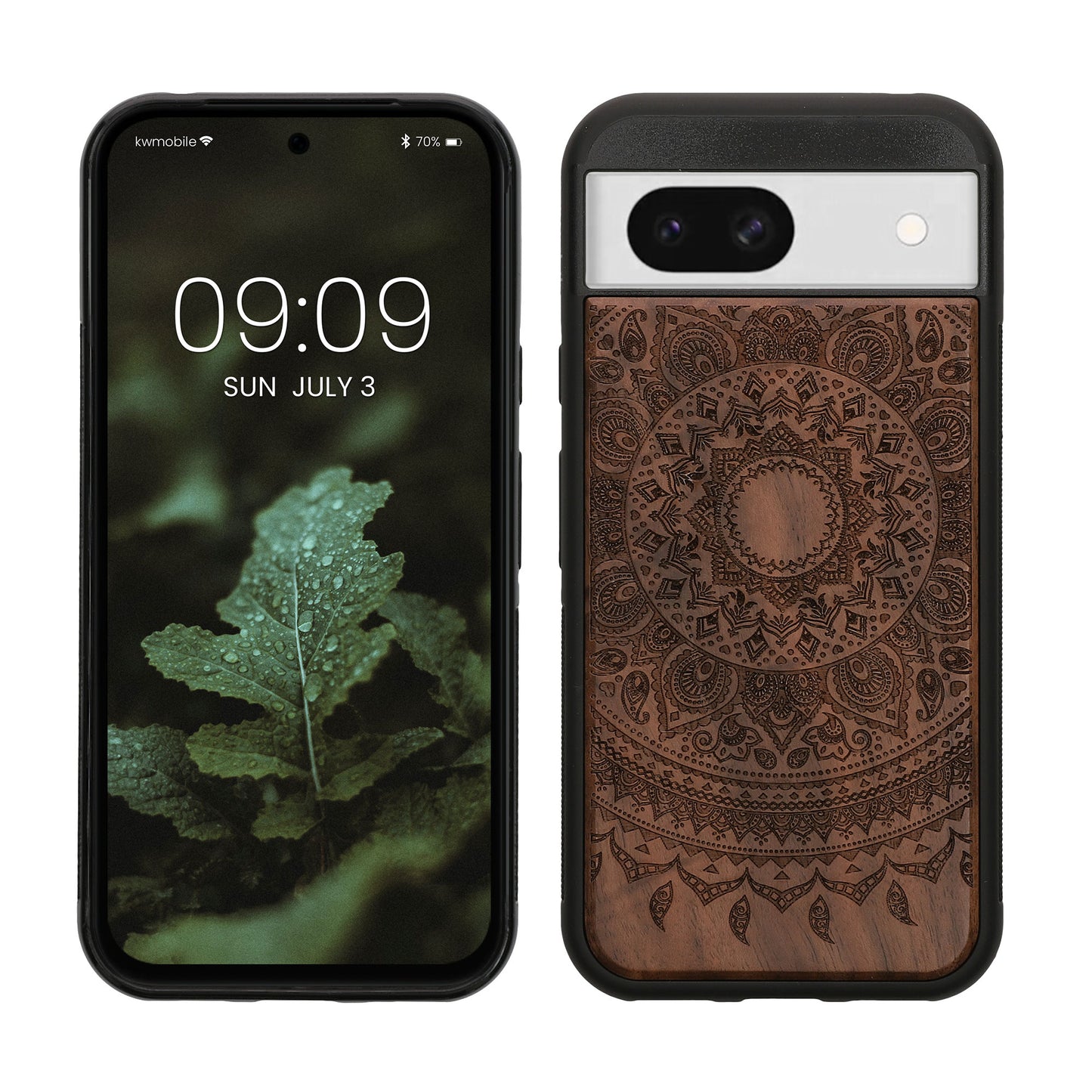 kwmobile Hülle kompatibel mit Google Pixel 8a Hülle - Holz Case - Handy Cover - TPU Handyhülle in Dunkelbraun Indische Sonne Dunkelbraun  [dsg03]