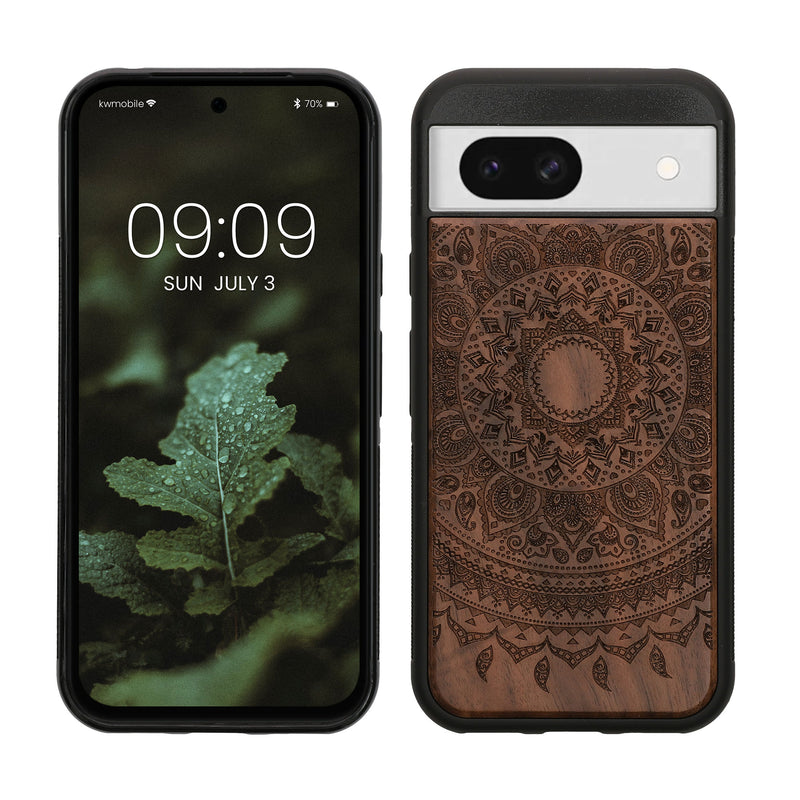 kwmobile Hülle kompatibel mit Google Pixel 8a Hülle - Holz Case - Handy Cover - TPU Handyhülle in Dunkelbraun Indische Sonne Dunkelbraun  [dsg03]