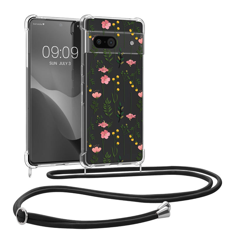 kwmobile Necklace Case kompatibel mit Google Pixel 8a Hülle - Silikon Cover mit Handykette - Rosa Grün Transparent Zarte Wildblumen Rosa  [dsg07]