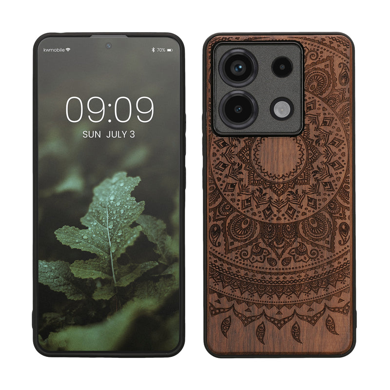 kwmobile Hülle kompatibel mit Xiaomi Redmi Note 13 Pro 5G / Poco X6 5G Hülle - Holz Case - Handy Cover - TPU Handyhülle in Dunkelbraun Indische Sonne Dunkelbraun  [dsg05]
