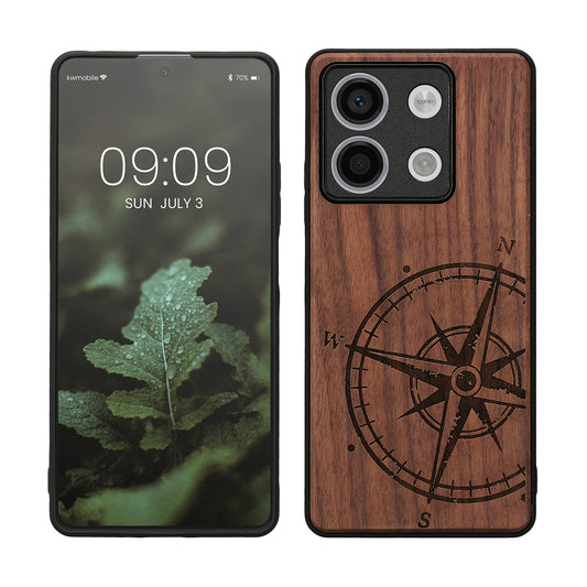 kwmobile Hülle kompatibel mit Xiaomi Redmi Note 13 5G Hülle - Holz Case - Handy Cover - TPU Handyhülle in Dunkelbraun Kompass Vintage Dunkelbraun  [dsg01]