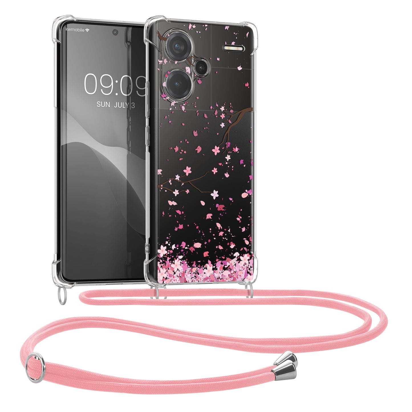 kwmobile Necklace Case kompatibel mit Xiaomi Redmi Note 13 Pro+ 5G / Redmi Note 13 Pro Plus 5G Hülle - Silikon Cover mit Handykette - Rosa Dunkelbraun Transparent Kirschblütenblätter Rosa  [dsg01]