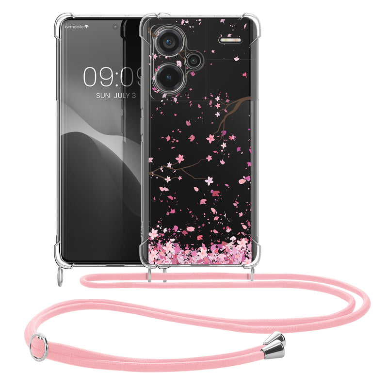 kwmobile Necklace Case kompatibel mit Xiaomi Redmi Note 13 Pro+ 5G / Redmi Note 13 Pro Plus 5G Hülle Silikon Cover mit Handykette Transparent Kirschblütenblätter