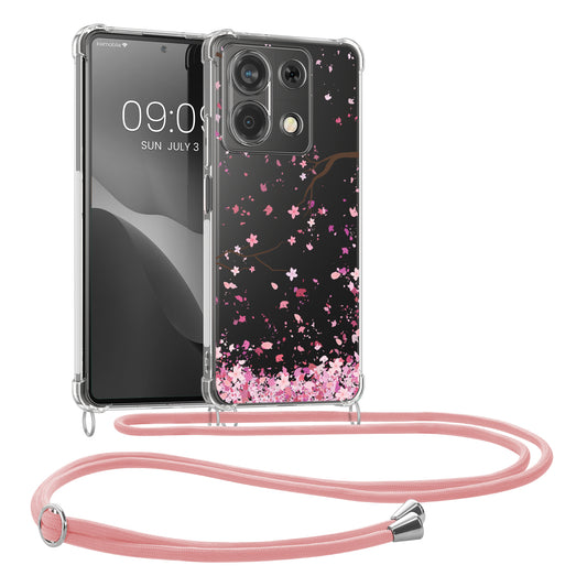 kwmobile Necklace Case kompatibel mit Xiaomi Redmi Note 13 5G Hülle - Silikon Cover mit Handykette - Rosa Dunkelbraun Transparent Kirschblütenblätter Rosa  [dsg01]