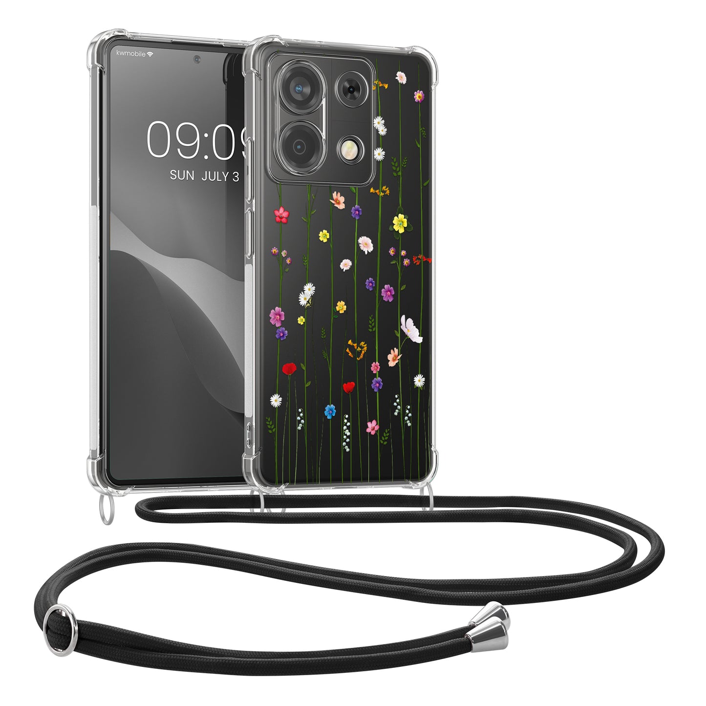 kwmobile Necklace Case kompatibel mit Xiaomi Redmi Note 13 Pro 5G / Poco X6 5G Hülle - Silikon Cover mit Handykette - Mehrfarbig Transparent Wildblumen Ranke Mehrfarbig  [dsg02]