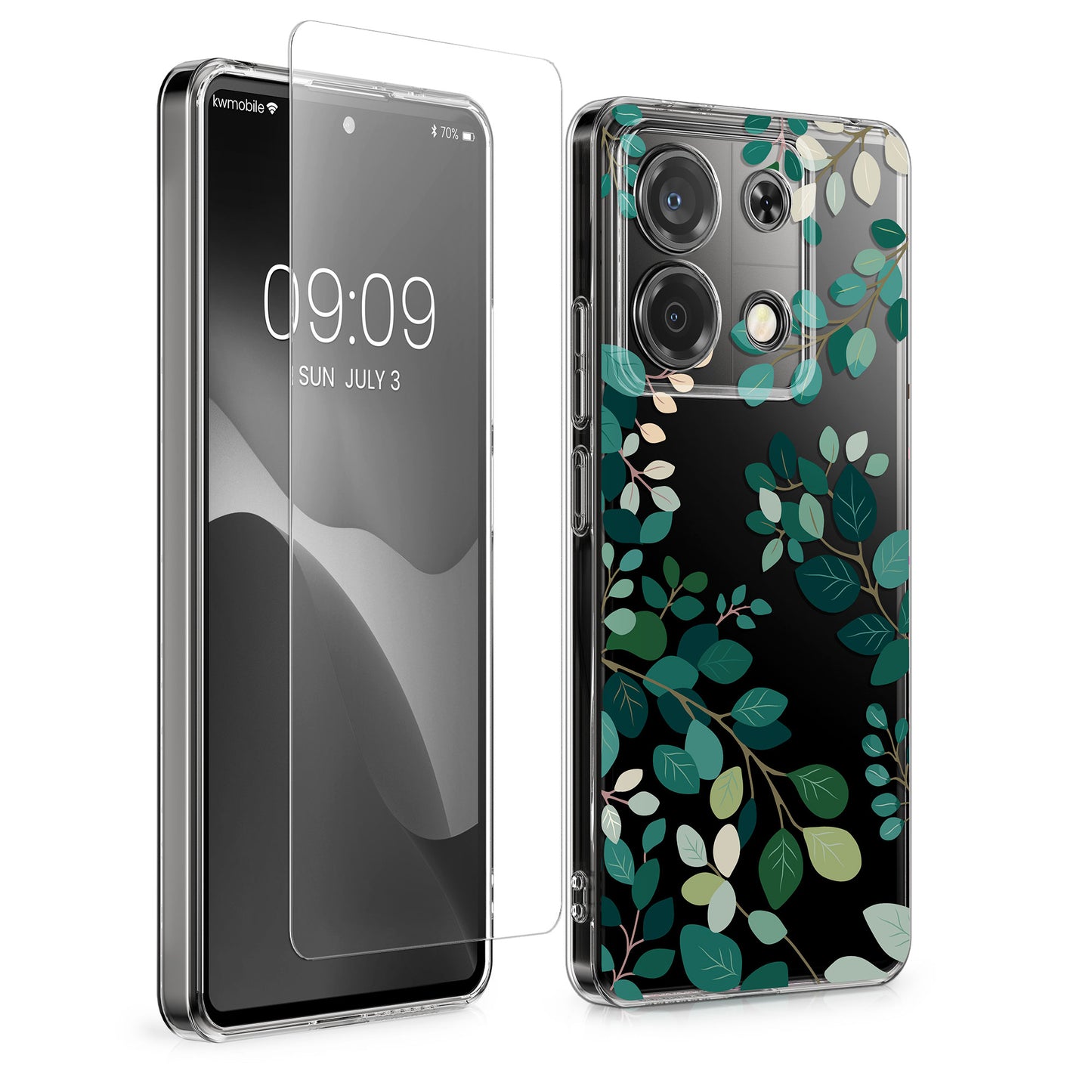 kwmobile Hülle kompatibel mit Xiaomi Redmi Note 13 Pro 5G / Poco X6 5G Handyhülle - Silikon Case transparent - Mit Glas Schutzfolie - Frühlingsblätter Grün Transparent Grün  [dsg01]