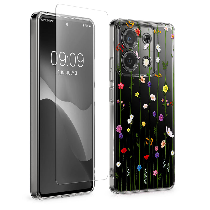 kwmobile Hülle kompatibel mit Xiaomi Redmi Note 13 Pro 5G / Poco X6 5G Handyhülle - Silikon Case transparent - Mit Glas Schutzfolie - Wildblumen Ranke Mehrfarbig Transparent Mehrfarbig  [dsg03]