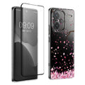 kwmobile Hülle kompatibel mit Xiaomi Redmi Note 13 Pro+ 5G / Redmi Note 13 Pro Plus 5G Handyhülle - Silikon Case transparent - Mit Glas Schutzfolie - Kirschblütenblätter Rosa Dunkelbraun Transparent Rosa  [dsg02]