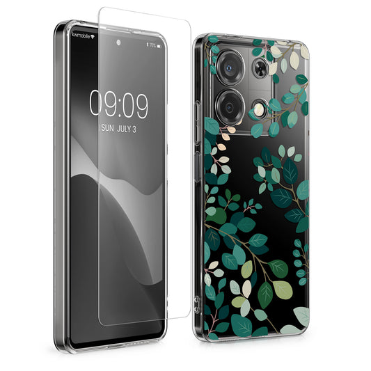 kwmobile Hülle kompatibel mit Xiaomi Redmi Note 13 5G Handyhülle - Silikon Case transparent - Mit Glas Schutzfolie - Frühlingsblätter Grün Transparent Grün  [dsg01]