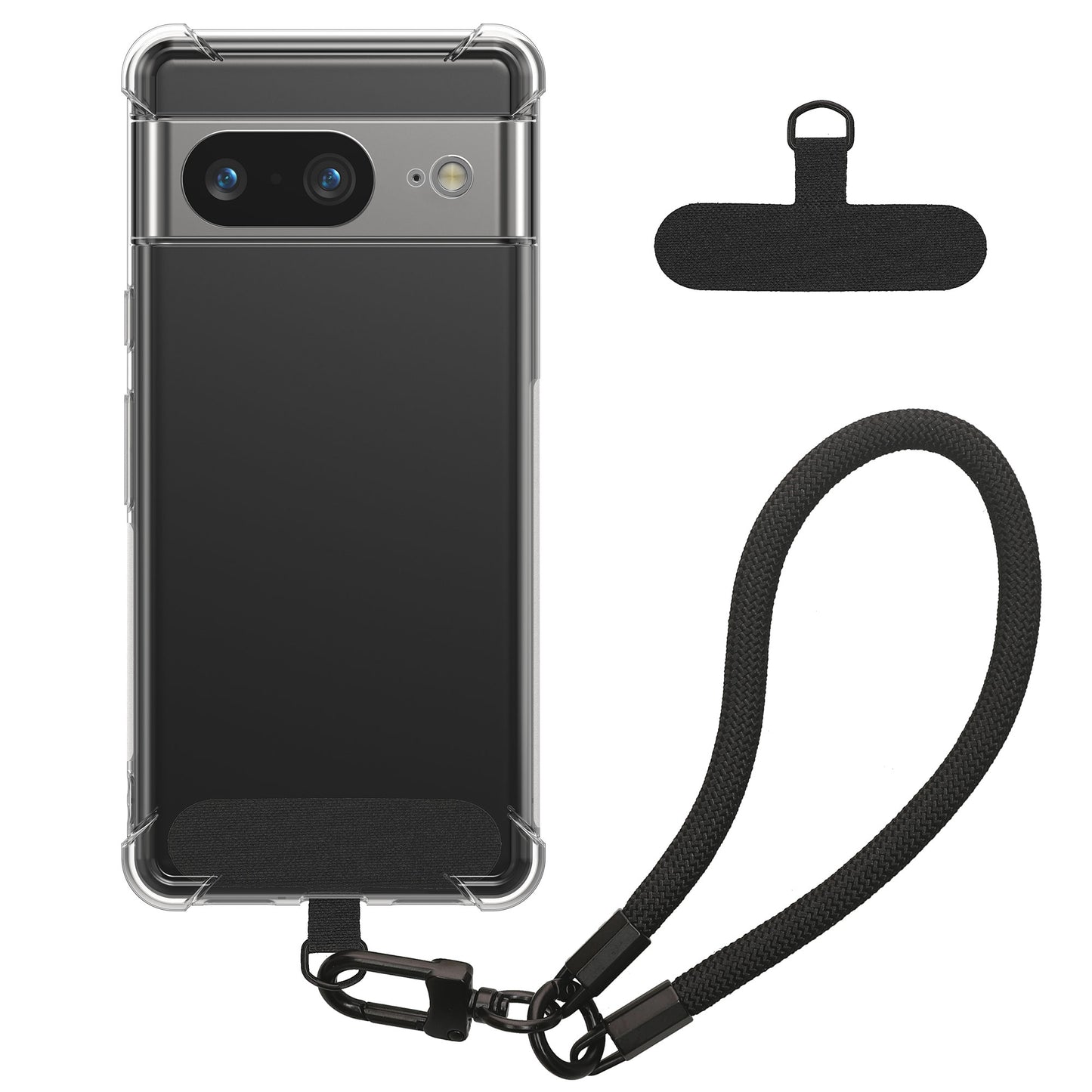 kwmobile Handy TPU Case kompatibel mit Google Pixel 7 Hülle - Kristallklare Schutzhülle mit Kantenschutz und abnehmbarem Armband inkl. 2 Pads - Transparent Schwarz Transparent  