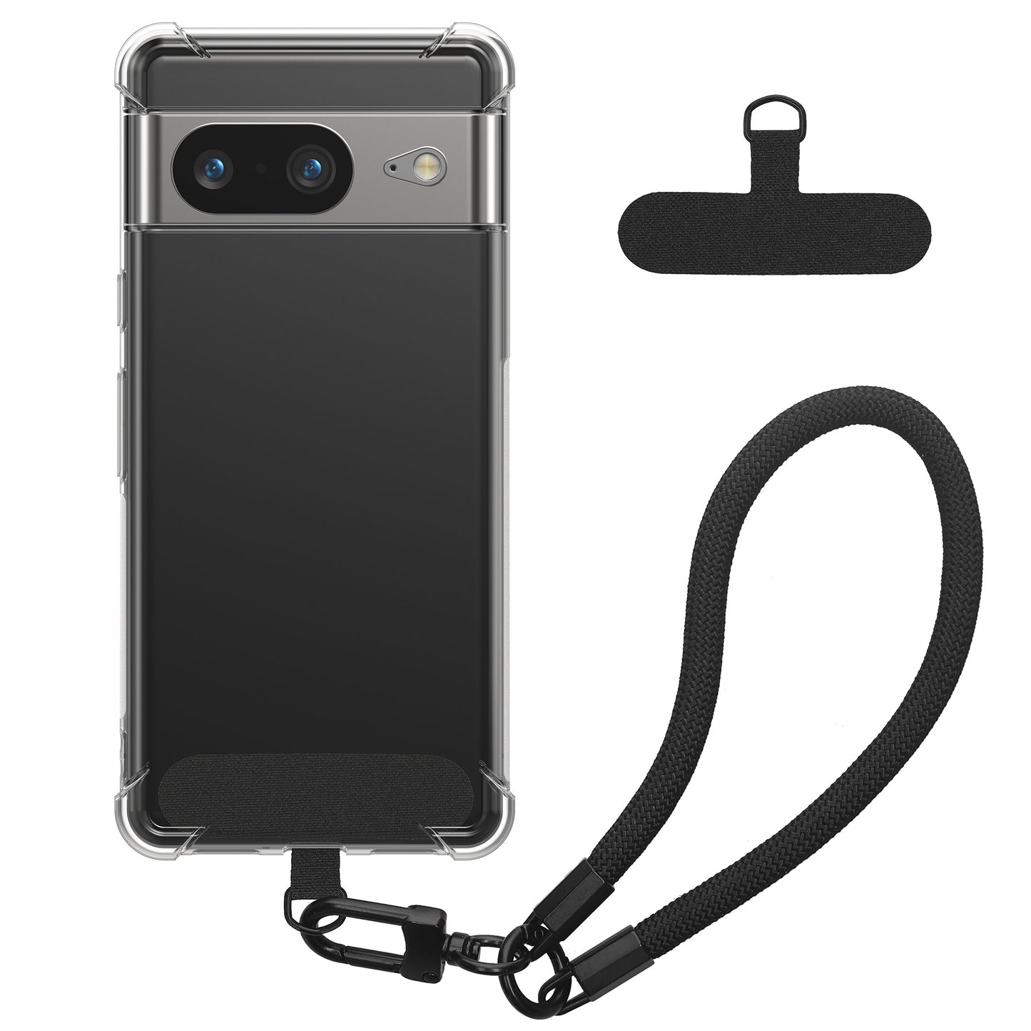 kwmobile Handy TPU Case kompatibel mit Google Pixel 8 Hülle - Kristallklare Schutzhülle mit Kantenschutz und abnehmbarem Armband inkl. 2 Pads - Transparent Schwarz Transparent  