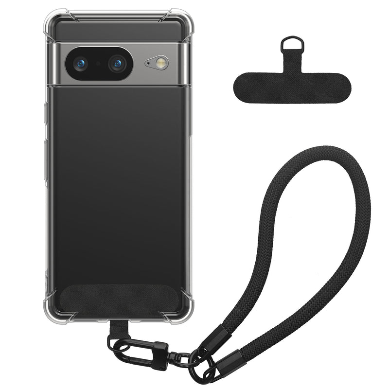 kwmobile Handy TPU Case kompatibel mit Google Pixel 8 Hülle - Kristallklare Schutzhülle mit Kantenschutz und abnehmbarem Armband inkl. 2 Pads - Transparent Schwarz Transparent  