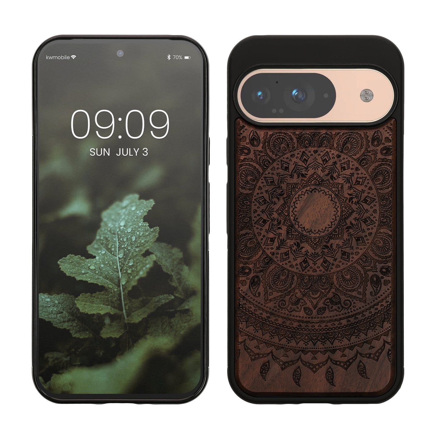 kwmobile Hülle kompatibel mit Google Pixel 9 / Pixel 9 Pro Hülle - Holz Case - Handy Cover - TPU Handyhülle in Dunkelbraun Indische Sonne Dunkelbraun  [dsg03]