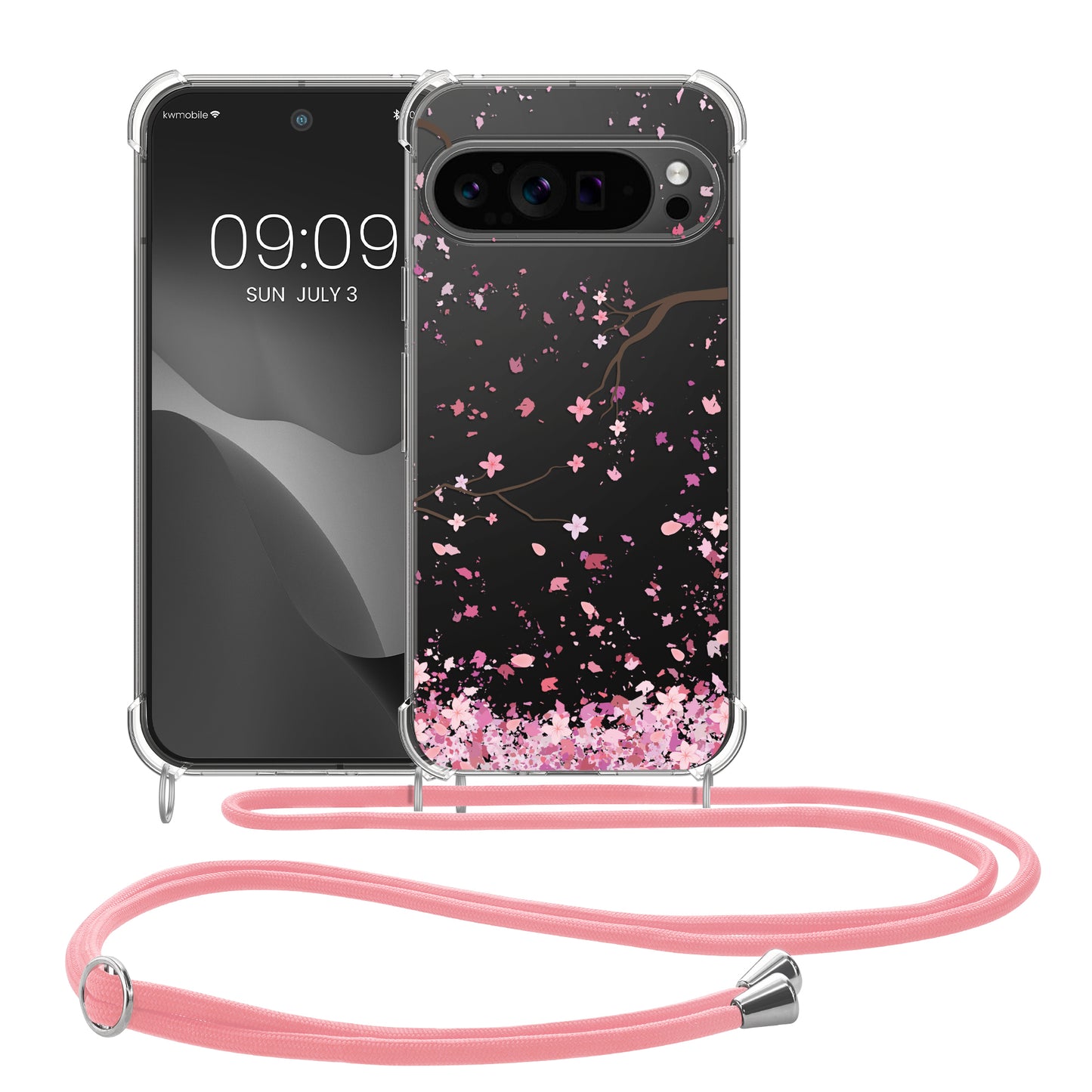 kwmobile Necklace Case kompatibel mit Google Pixel 9 Pro XL Hülle Silikon Cover mit Handykette Kirschblütenblätter