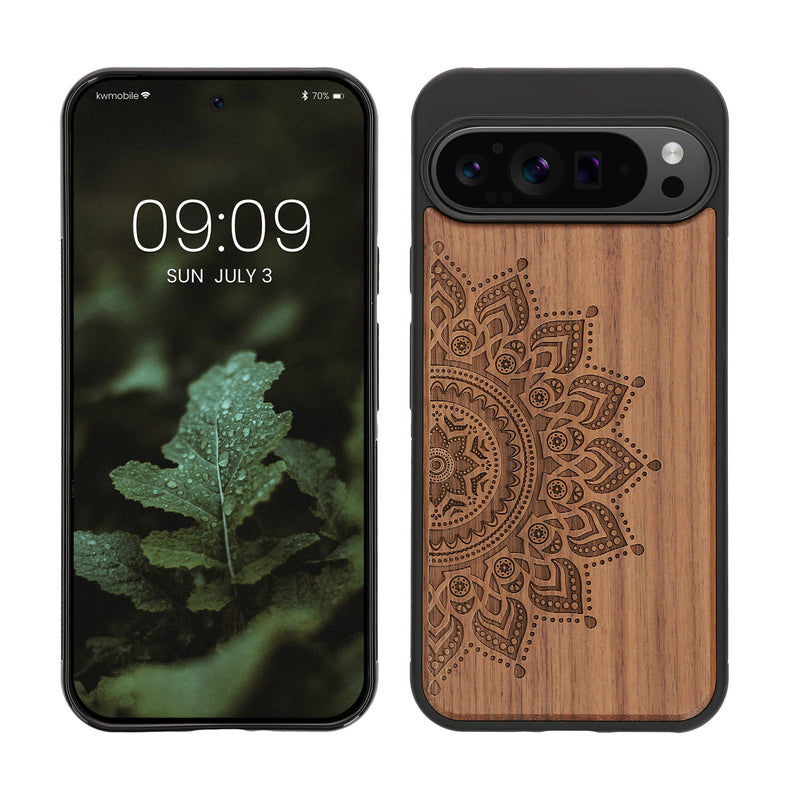 kwmobile Hülle kompatibel mit Google Pixel 9 Pro XL Hülle - Holz Case - Handy Cover - TPU Handyhülle in Dunkelbraun Aufgehende Sonne Dunkelbraun  [dsg02]