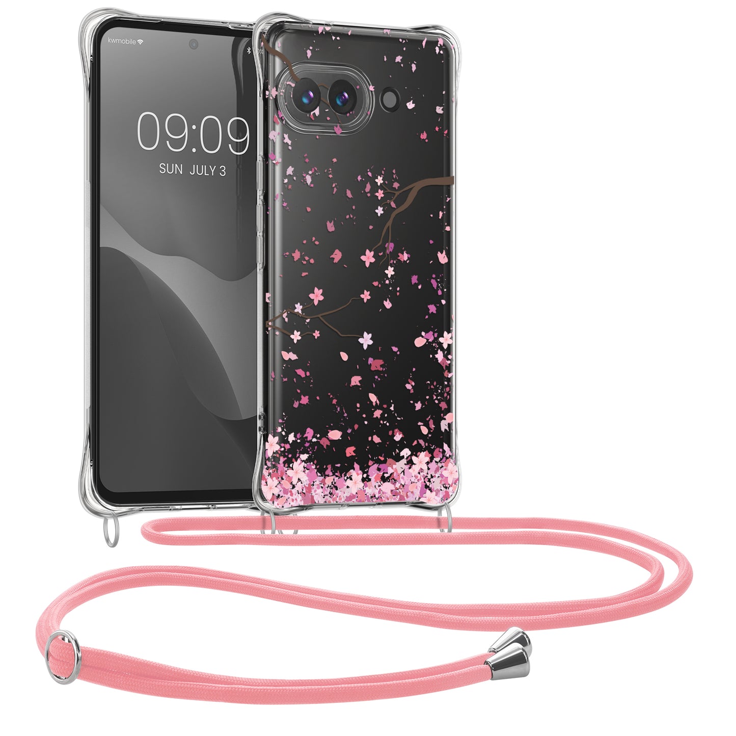 kwmobile Necklace Case kompatibel mit Google Pixel 9a Hülle - Silikon Cover mit Handykette - Rosa Dunkelbraun Transparent Kirschblütenblätter Rosa  [dsg02]