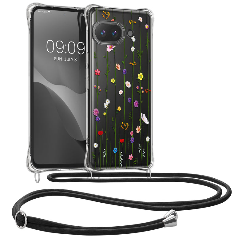 kwmobile Necklace Case kompatibel mit Google Pixel 9a Hülle - Silikon Cover mit Handykette - Mehrfarbig Transparent Wildblumen Ranke Mehrfarbig  [dsg03]