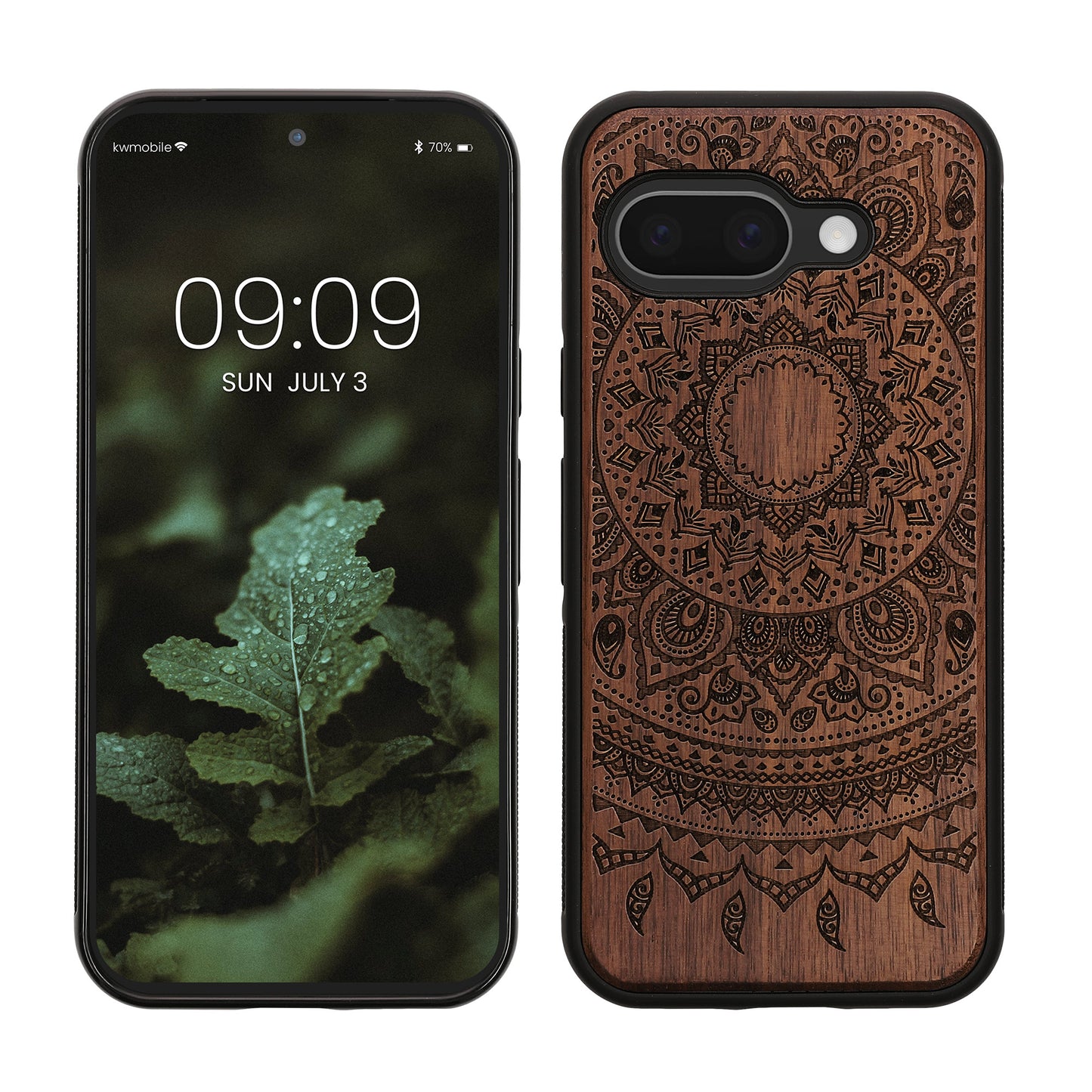 kwmobile Hülle kompatibel mit Google Pixel 9a Hülle - Holz Case - Handy Cover - TPU Handyhülle in Dunkelbraun Indische Sonne Dunkelbraun  [dsg03]