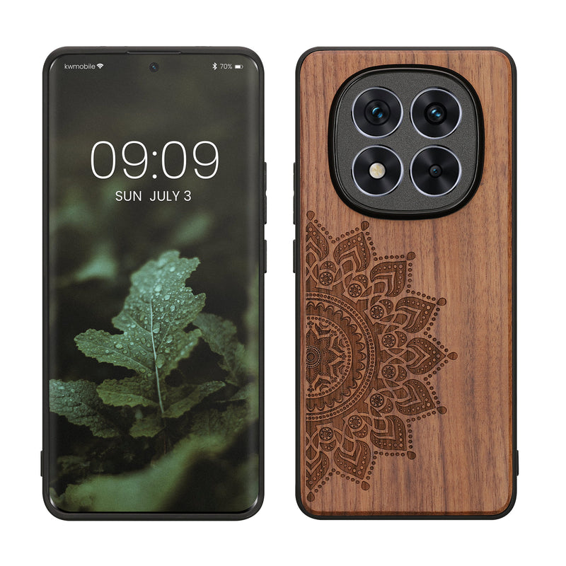 kwmobile Hülle kompatibel mit Xiaomi Redmi Note 14 Pro+ 5G / Redmi Note 14 Pro Plus 5G Hülle - Holz Case - Handy Cover - TPU Handyhülle in Dunkelbraun Aufgehende Sonne Dunkelbraun  [dsg02]