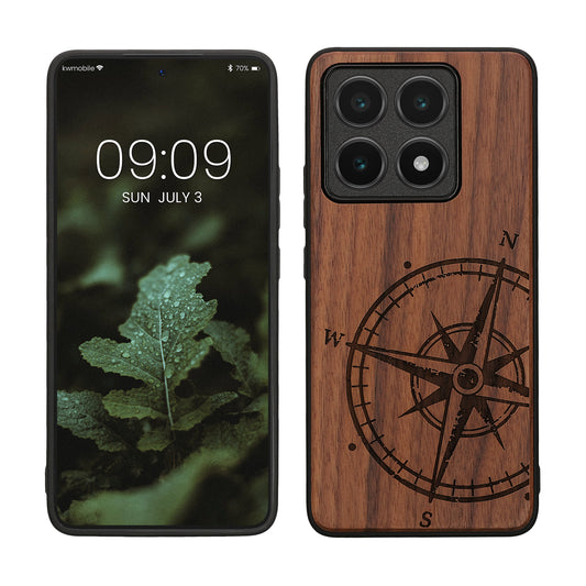 kwmobile Hülle kompatibel mit Xiaomi 14T Hülle - Holz Case - Handy Cover - TPU Handyhülle in Dunkelbraun Kompass Vintage Dunkelbraun  [dsg01]