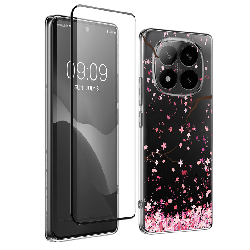 kwmobile Hülle kompatibel mit Xiaomi Redmi Note 14 Pro+ 5G / Redmi Note 14 Pro Plus 5G Handyhülle - Silikon Case transparent - Mit Glas Schutzfolie - Kirschblütenblätter Rosa Dunkelbraun Transparent Rosa  [dsg01]