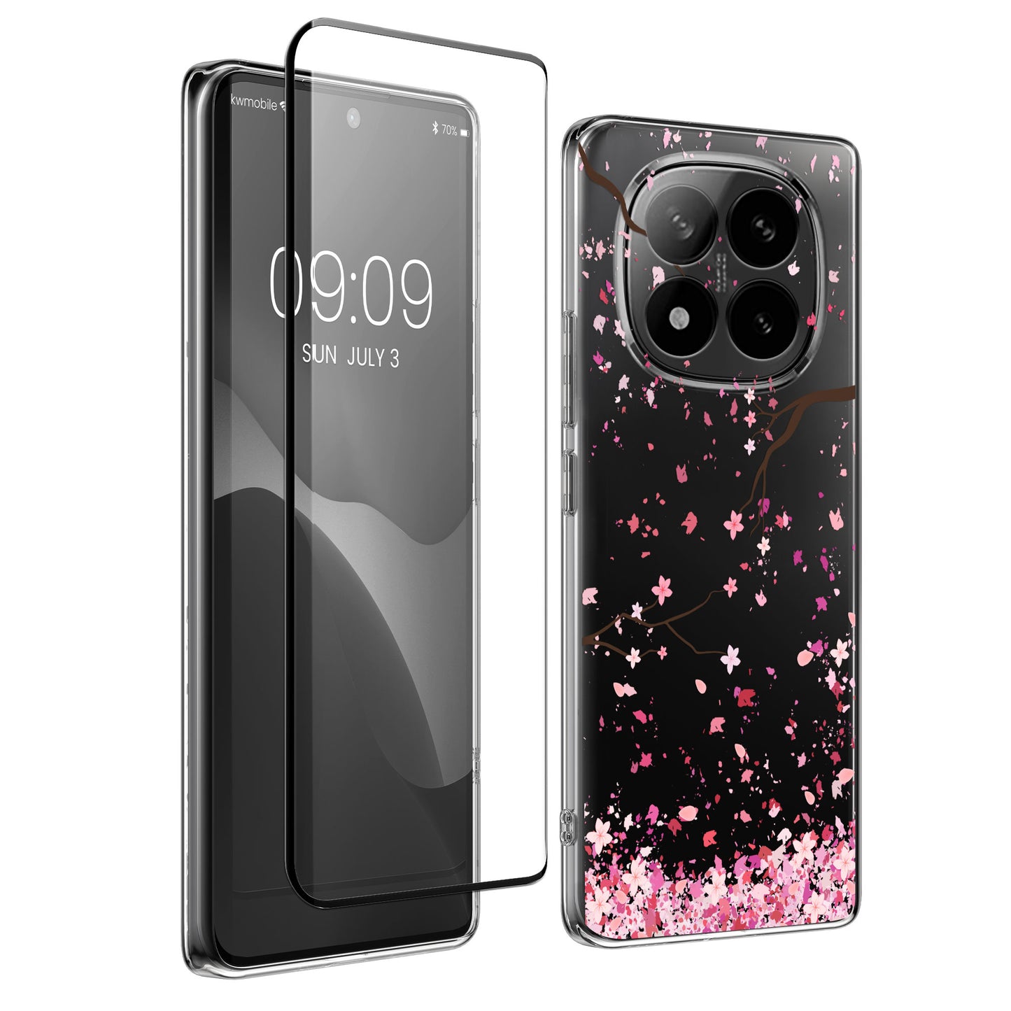 kwmobile Hülle kompatibel mit Xiaomi Redmi Note 14 Pro 5G / Poco X7 Handyhülle - Silikon Case transparent - Mit Glas Schutzfolie - Kirschblütenblätter Rosa Dunkelbraun Transparent Rosa  [dsg01]