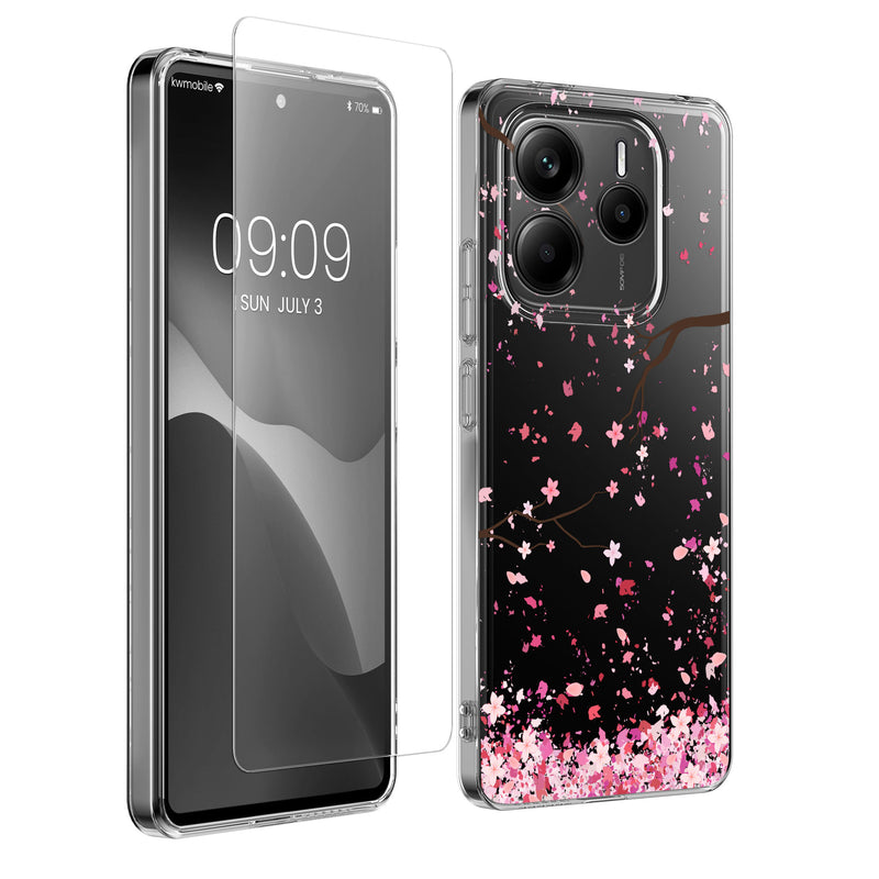 kwmobile Hülle kompatibel mit Xiaomi Redmi Note 14 5G (Nicht für 4G) Handyhülle - Silikon Case transparent - Mit Glas Schutzfolie - Kirschblütenblätter Rosa Dunkelbraun Transparent Rosa  [dsg01]
