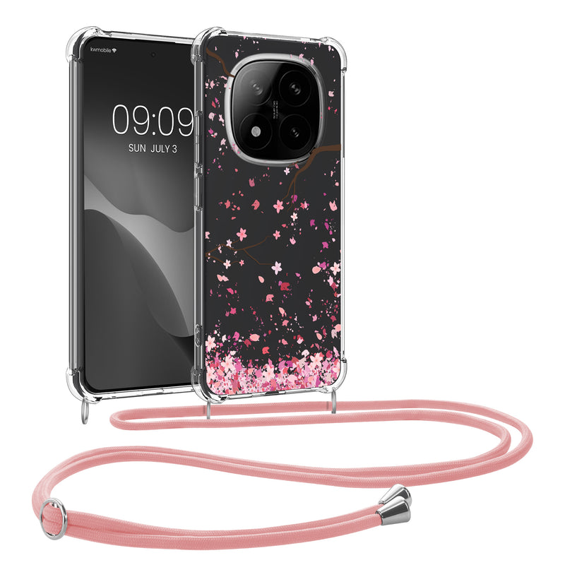 kwmobile Necklace Case kompatibel mit Xiaomi Redmi Note 14 Pro+ 5G / Redmi Note 14 Pro Plus 5G Hülle - Silikon Cover mit Handykette - Rosa Dunkelbraun Transparent Kirschblütenblätter Rosa  [dsg01]