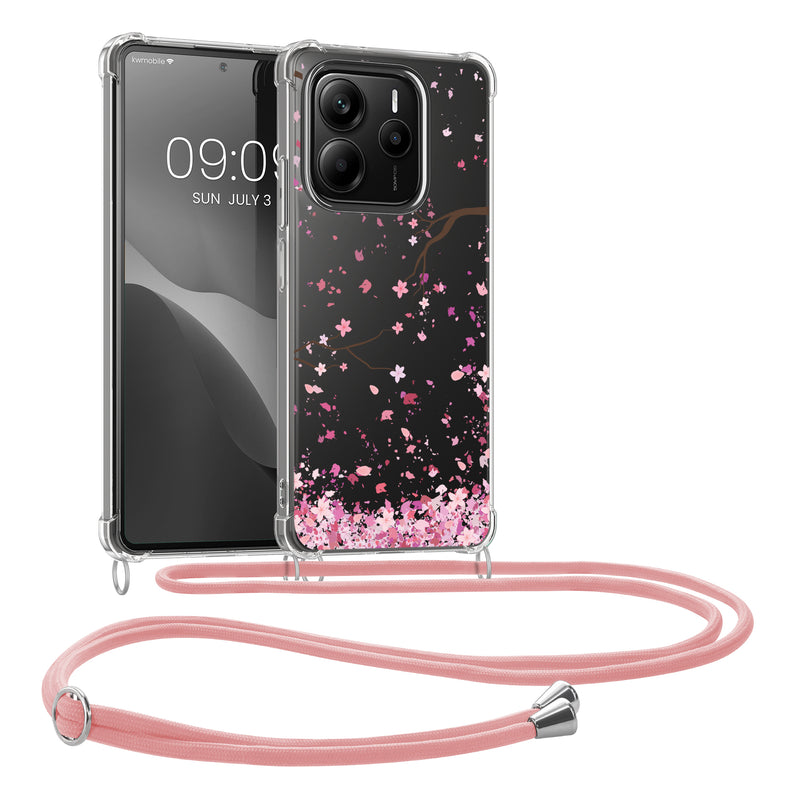 kwmobile Necklace Case kompatibel mit Xiaomi Redmi Note 14 5G (Nicht für 4G) Hülle - Silikon Cover mit Handykette - Rosa Dunkelbraun Transparent Kirschblütenblätter Rosa  [dsg01]