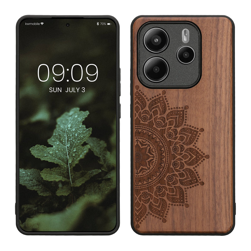 kwmobile Hülle kompatibel mit Xiaomi Redmi Note 14 5G (Nicht für 4G) Hülle - Holz Case - Handy Cover - TPU Handyhülle in Dunkelbraun Aufgehende Sonne Dunkelbraun  [dsg02]