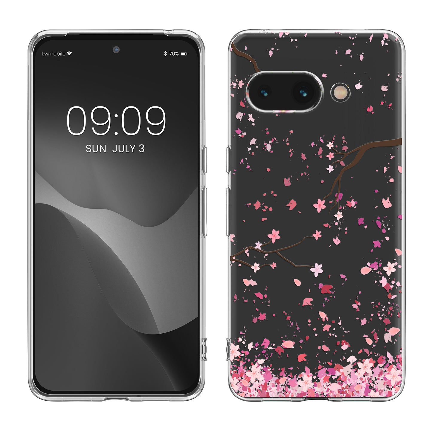 kwmobile Case kompatibel mit Google Pixel 9a - Hülle Silikon transparent Kirschblütenblätter Rosa Dunkelbraun Transparent Rosa  [dsg02]