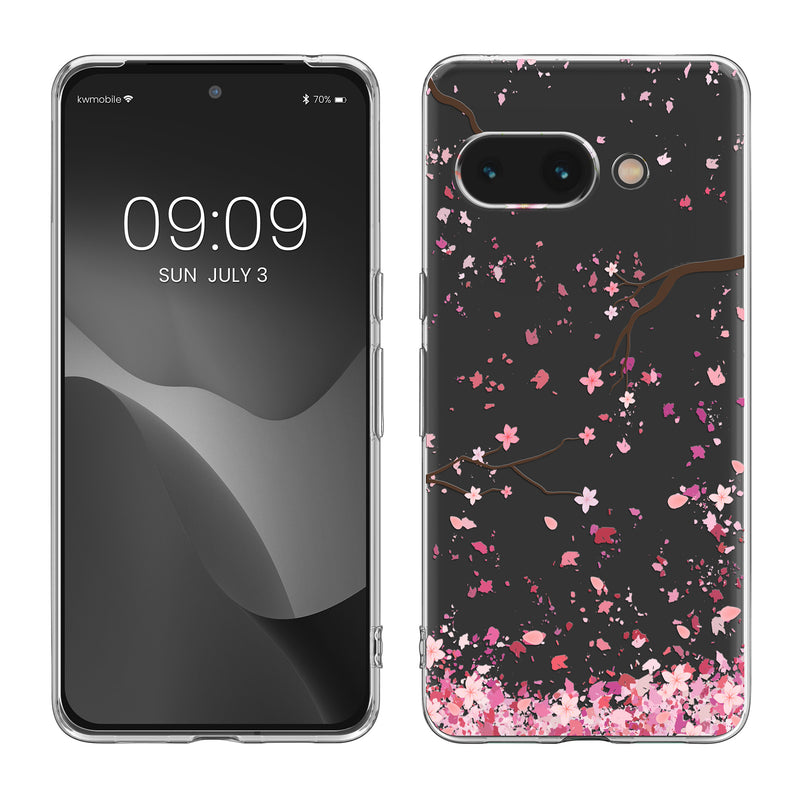 kwmobile Case kompatibel mit Google Pixel 9a - Hülle Silikon transparent Kirschblütenblätter Rosa Dunkelbraun Transparent Rosa  [dsg02]
