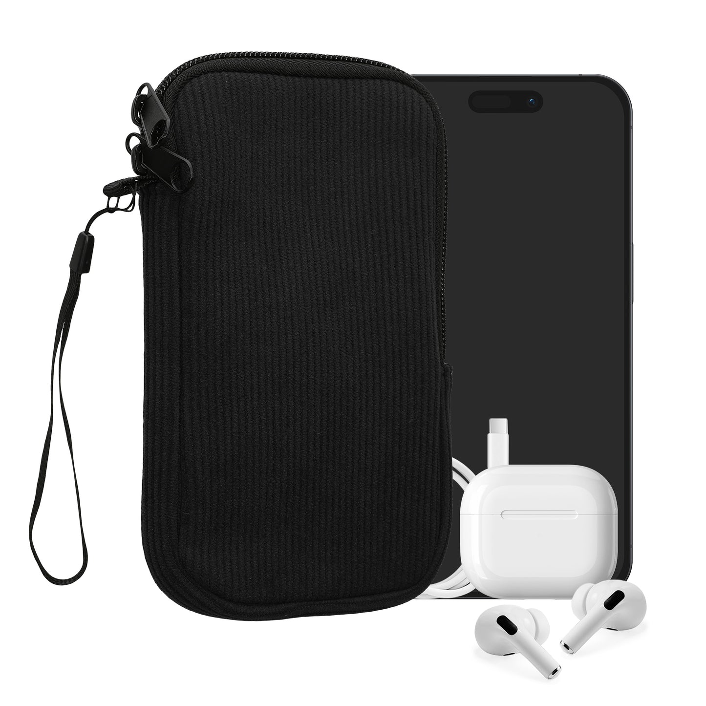 kwmobile Handytasche für L - 6,5" Hülle - Cord und Neopren Tasche mit Handschlaufe - Case 16,5 x 8,9 cm Innenmaße - Handyhülle in Schwarz Schwarz L 