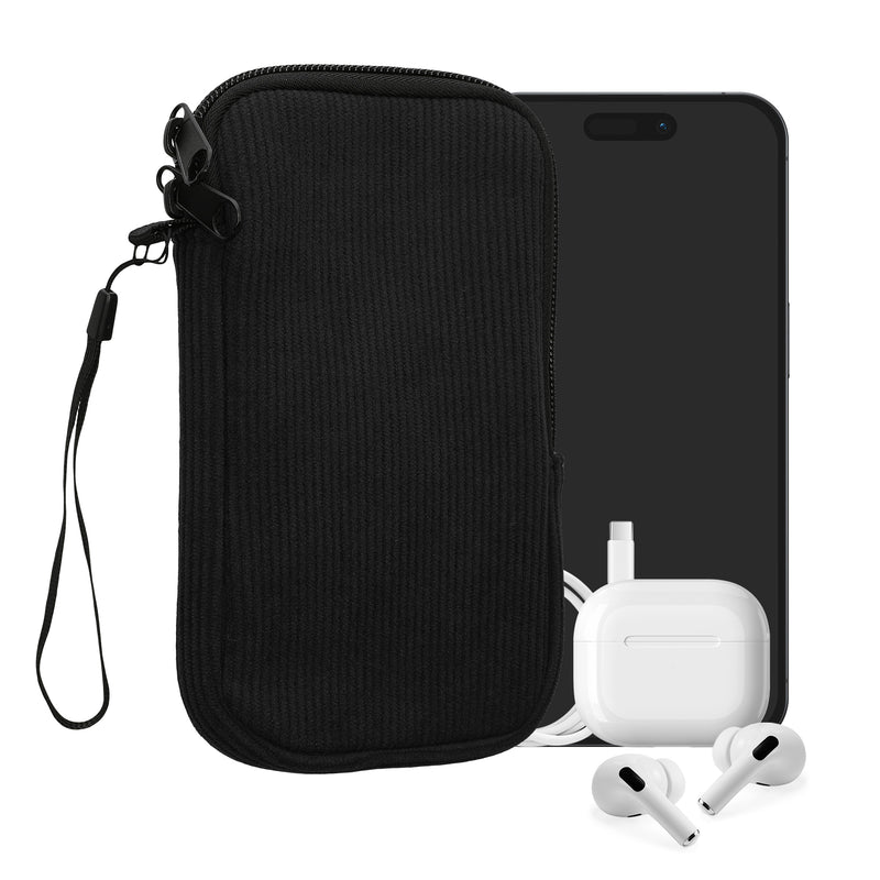 kwmobile Handytasche für L - 6,5" Hülle - Cord und Neopren Tasche mit Handschlaufe - Case 16,5 x 8,9 cm Innenmaße - Handyhülle in Schwarz Schwarz L 