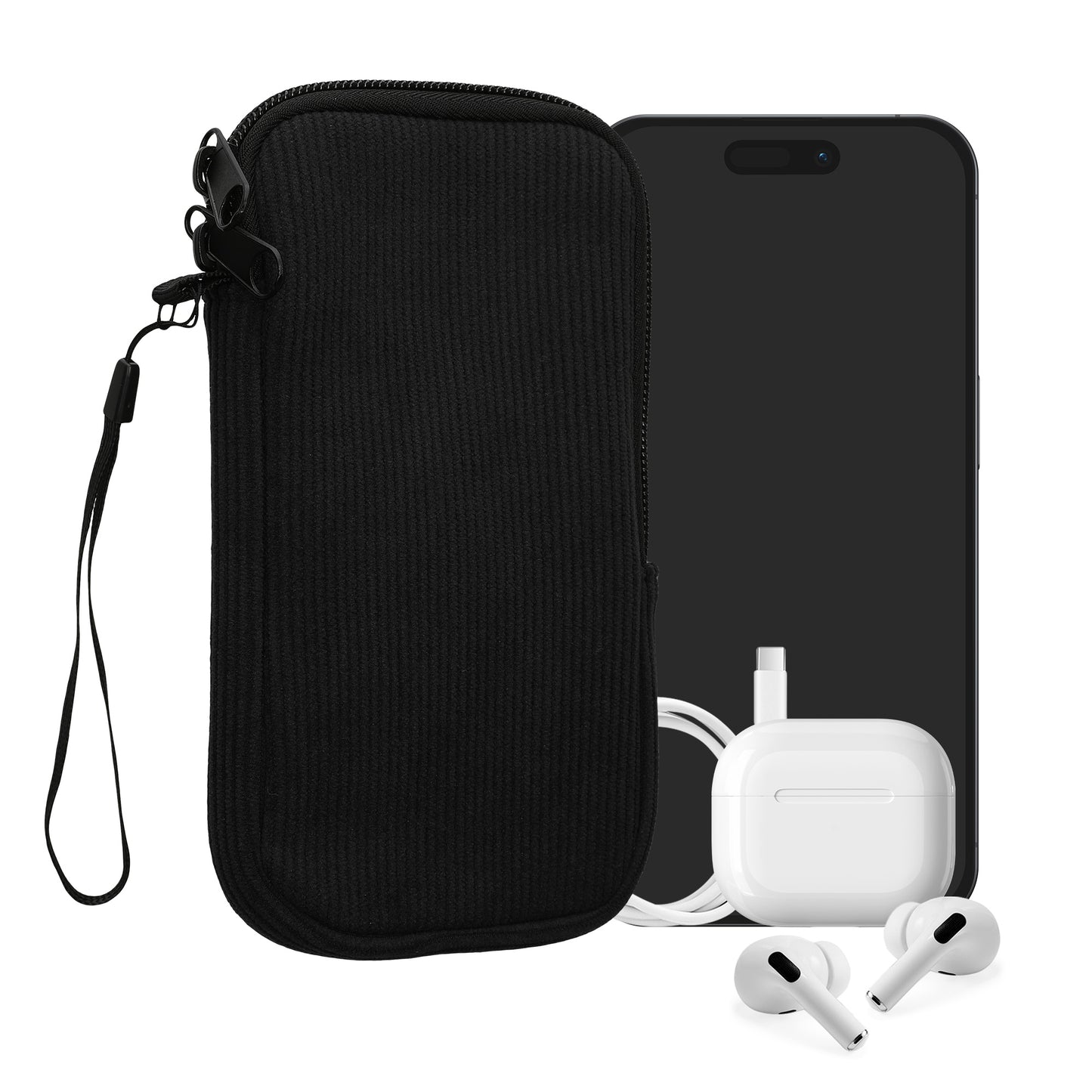 kwmobile Handytasche für XL - 6,7/6,8" Hülle - Cord und Neopren Tasche mit Handschlaufe - Case 17,2 x 8,4 cm Innenmaße - Handyhülle in Schwarz Schwarz XL 