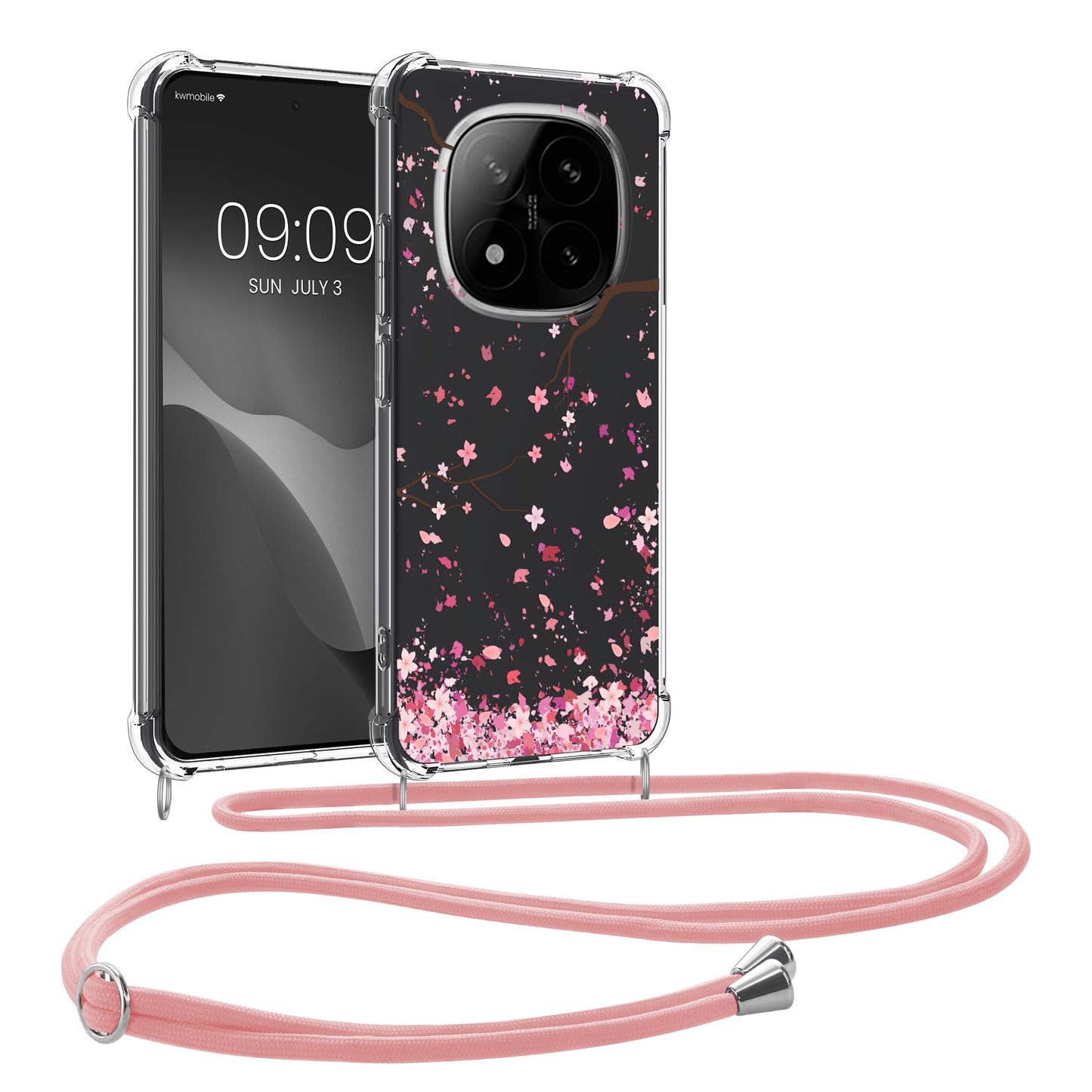 kwmobile Necklace Case kompatibel mit Xiaomi Redmi Note 14 Pro 4G Hülle - Silikon Cover mit Handykette - Rosa Dunkelbraun Transparent Kirschblütenblätter Rosa  [dsg01]