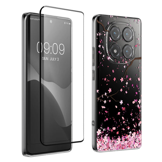kwmobile Hülle kompatibel mit Xiaomi Redmi Note 14 Pro 4G Handyhülle - Silikon Case transparent - Mit Glas Schutzfolie - Kirschblütenblätter Rosa Dunkelbraun Transparent Rosa  [dsg01]
