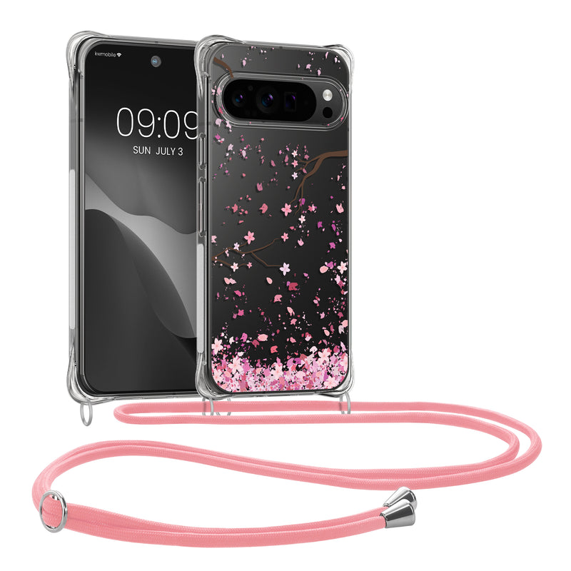 kwmobile Necklace Case kompatibel mit Google Pixel 10 Pro XL Hülle - Silikon Cover mit Handykette - Rosa Dunkelbraun Transparent Kirschblütenblätter Rosa  [dsg02]