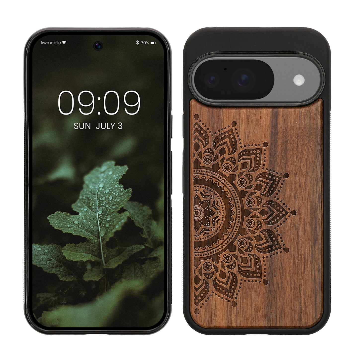 kwmobile Hülle kompatibel mit Google Pixel 10 / Pixel 10 Pro Hülle - Holz Case - Handy Cover - TPU Handyhülle in Dunkelbraun Aufgehende Sonne Dunkelbraun  [dsg02]