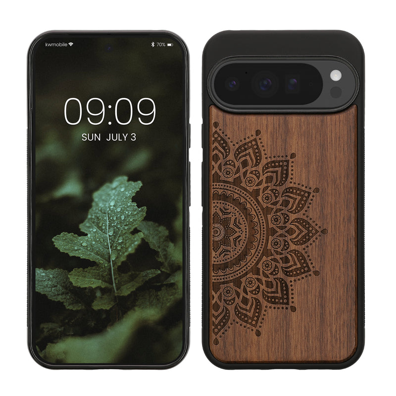 kwmobile Hülle kompatibel mit Google Pixel 10 Pro XL Hülle - Holz Case - Handy Cover - TPU Handyhülle in Dunkelbraun Aufgehende Sonne Dunkelbraun  [dsg02]