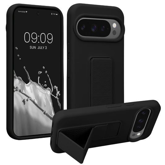 kwmobile Handyhülle kompatibel mit Google Pixel 10 / Pixel 10 Pro - Hülle mit Fingerhalter und Standfunktion - Silikon Case Handy Cover in Schwarz Schwarz  