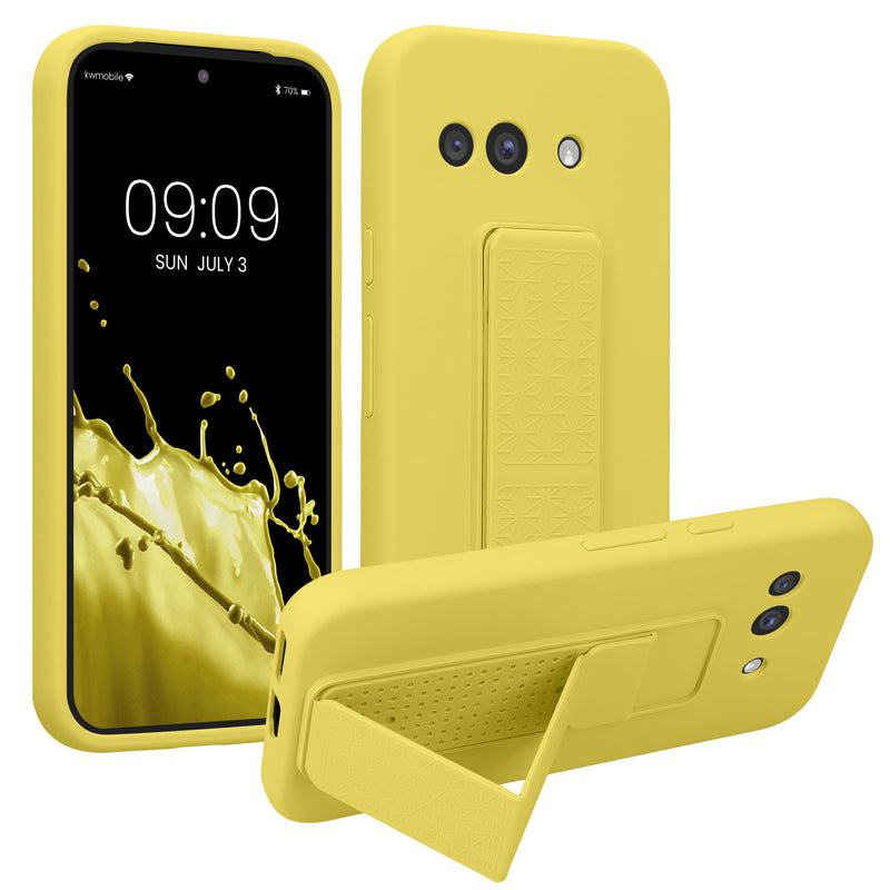kwmobile Handyhülle kompatibel mit Google Pixel 9a - Hülle mit Fingerhalter und Standfunktion - Silikon Case Handy Cover in Strahlend Gelb Strahlend Gelb  