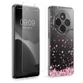 kwmobile Hülle kompatibel mit Xiaomi Redmi 14C / Poco C75 Handyhülle - Silikon Case transparent - Mit Glas Schutzfolie - Kirschblütenblätter Rosa Dunkelbraun Transparent Rosa  [dsg03]
