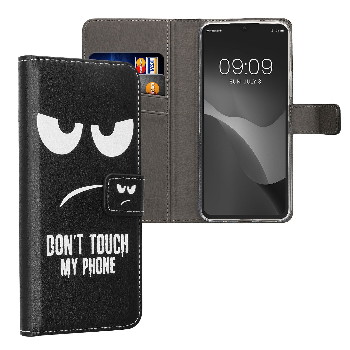 kwmobile Wallet Case kompatibel mit Xiaomi Redmi 14C / Poco C75 Hülle - Cover mit Ständer und Kartenfächern - Don't touch my Phone Weiß Schwarz Weiß  [dsg01]